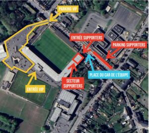 Le plan décrit l'entrée pour les supporters visiteurs. Pour les supporters du RAEC Mons, l'entrée se fait via la Young Dragons RAEC Mons.